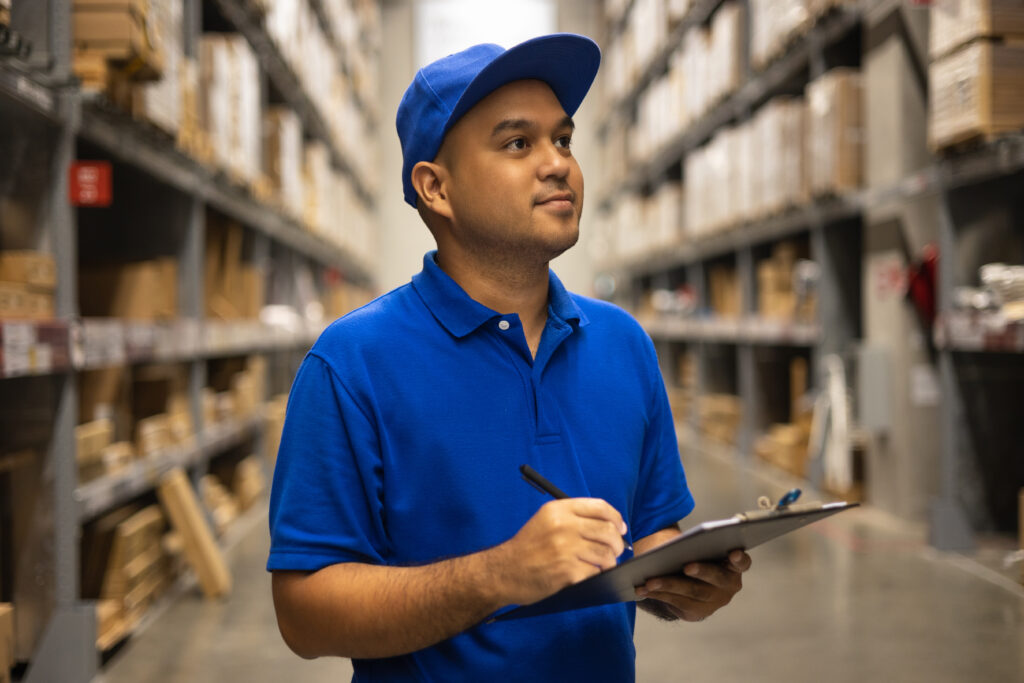 Young worker in blue uniform checklist manage parcel box product